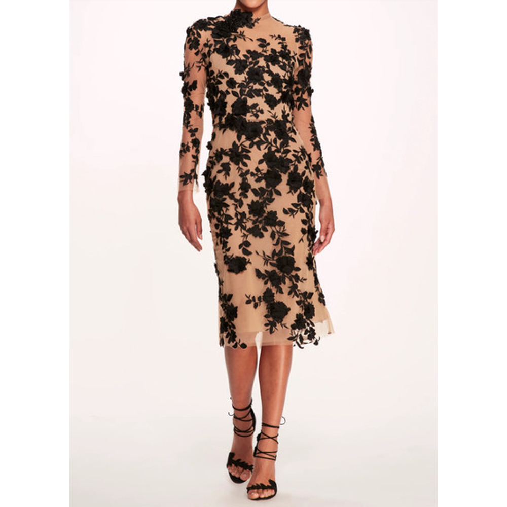 Marchesa Nude and Black Embroidered Long Sleeve Midi Dress